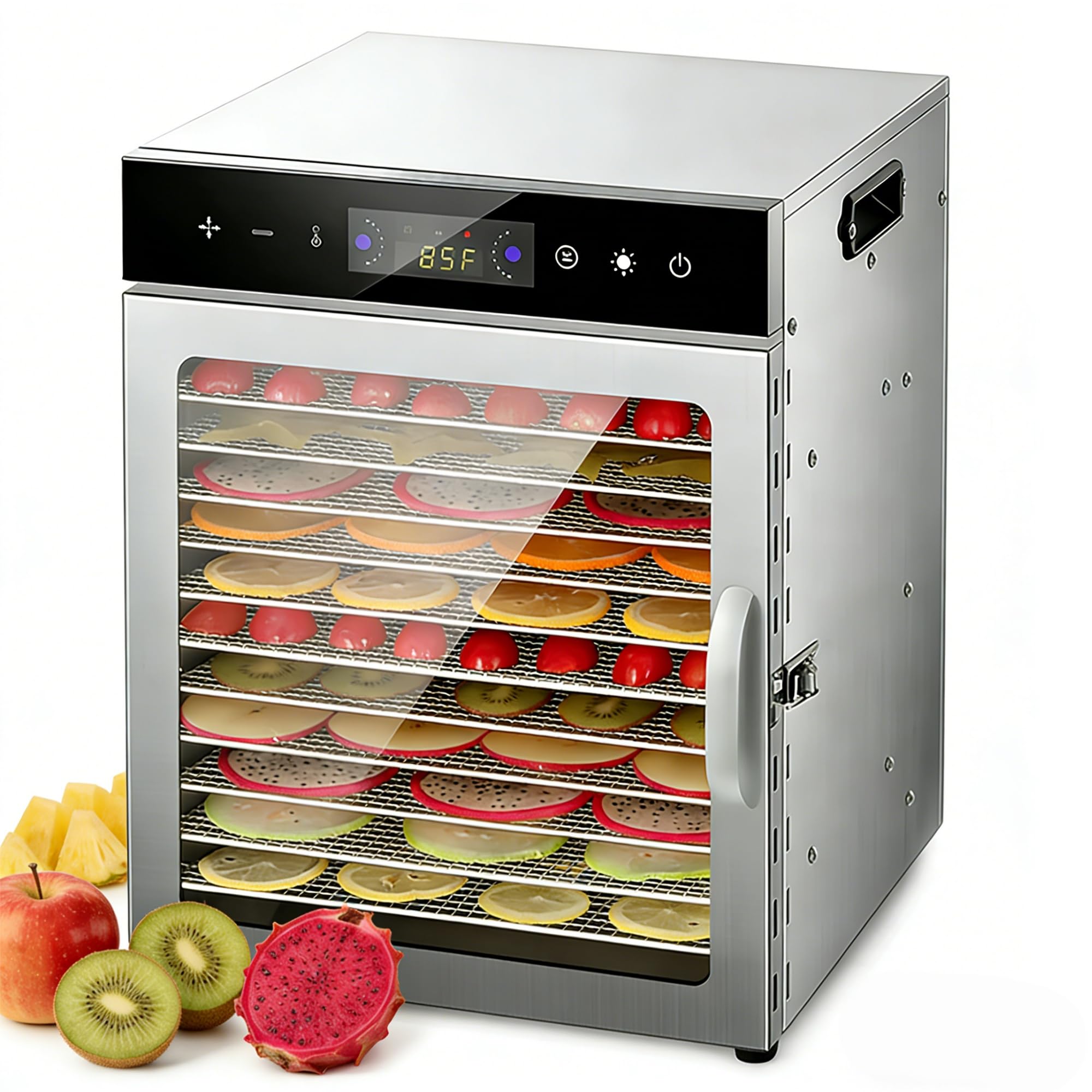 Deshidratador de Alimentos,Secador de Alimentos Eléctrico 800W 12 Bandejas Acero Inoxidable Circulación Aire Caliente 360° Temp y Tiempo Ajustables para Carne Seca, Frutas (Plateado 800W)
