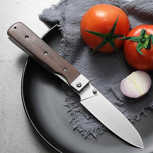 Miniatura 10 de Cuchillo de cocina plegable de 4.5 pulgadas con hoja de acero inoxidable 440A ultra afilada y mango de oliva natural para barbacoa, pelar, acampar