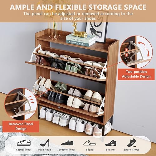 Miniatura 5 de LEVNARY Zapatero con 2 cajones abatibles, estantes estrechos de madera para zapatos, organizador de zapatos independiente oculto con patas de metal