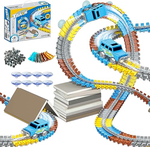 OTONOPI Juego de pistas de carreras flexibles con 2 autos de carreras eléctricos, regalo de cumpleaños para niños y niñas de 3, 4, 5, 6, 7, 8, 9,