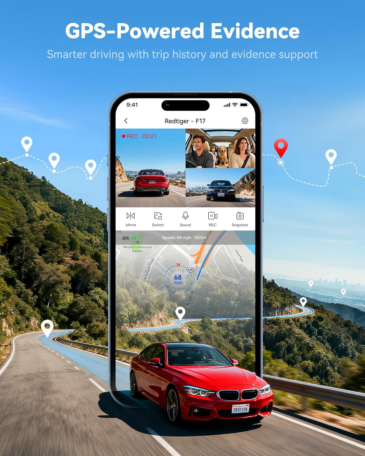 REDTIGER F17 4K 3 Channel Dash Cam, STARVIS 2 IMX675 HDR, 2160P+1080P+1080P Front Inside and Rear Triple Car Camera with 64GB Card, 5.8GHz WiFi GPS, IR Night Vision, G Sensor, WDR, Parking Mode