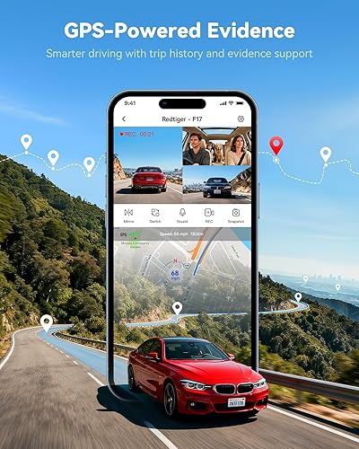 Miniatura 5 de REDTIGER F17 - Cámara de tablero de 4K, 3 canales, con GPS integrado y WiFi de 5GHz, con tarjeta de 64GB, 2160P+1080P+1080P frontal y trasera,