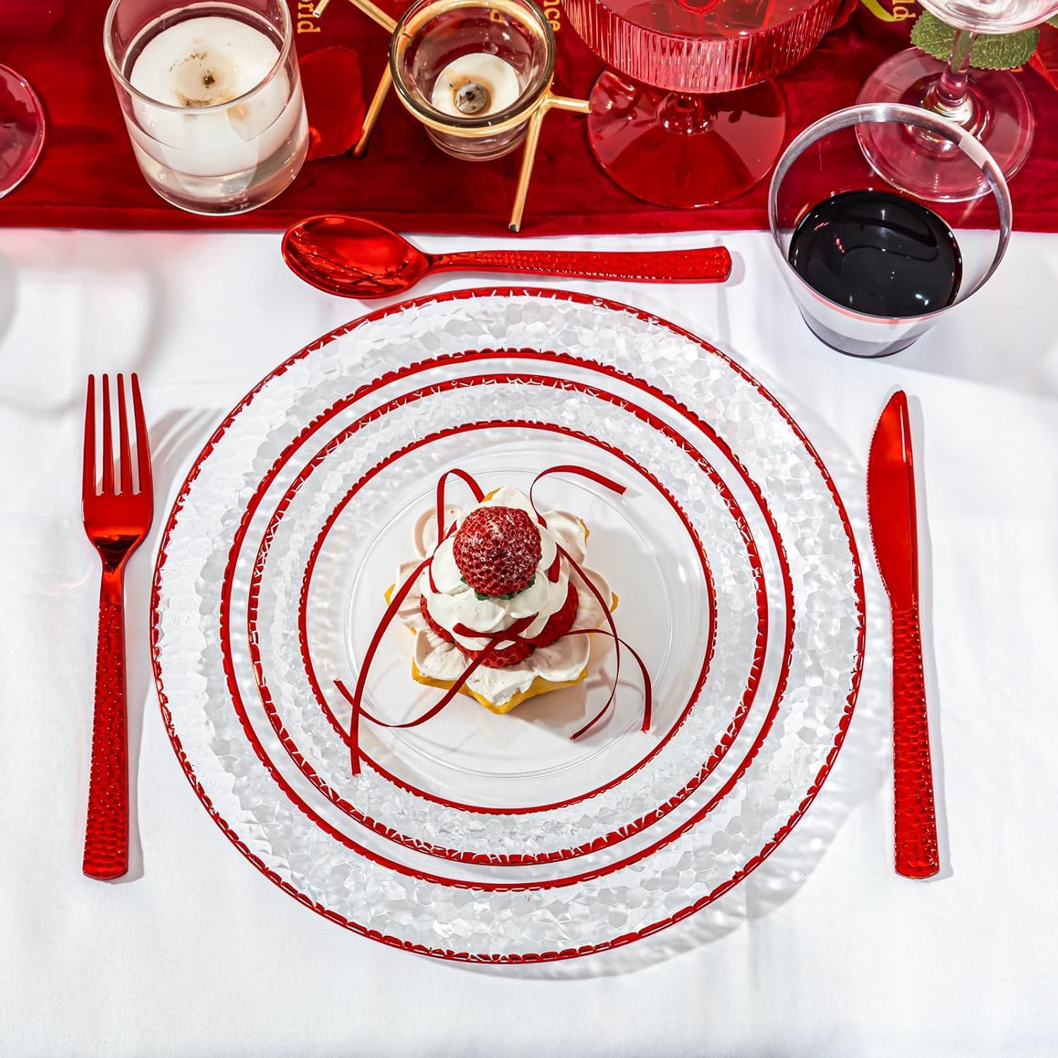 Ciaell 350 PCS Clear and Red Plastic Plates – Red Dinnerware Set for 50 Guests Include 100 Plastic Plates, 50 Pre Rolled Napkins with Cutlery Set, 50 Cups for Wedding & Party & Anniversary