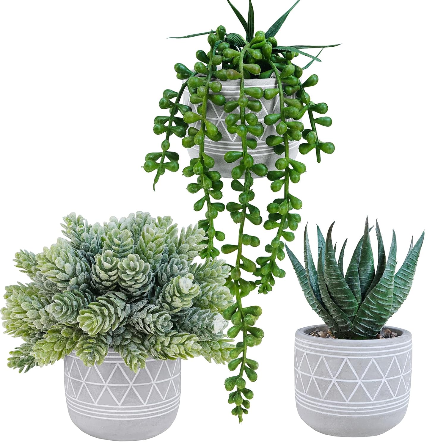 Winlyn Set of 3 Mini Faux Succulent Potted Plants Artificial Aloe Hops String of Pearls Fake Succulents in