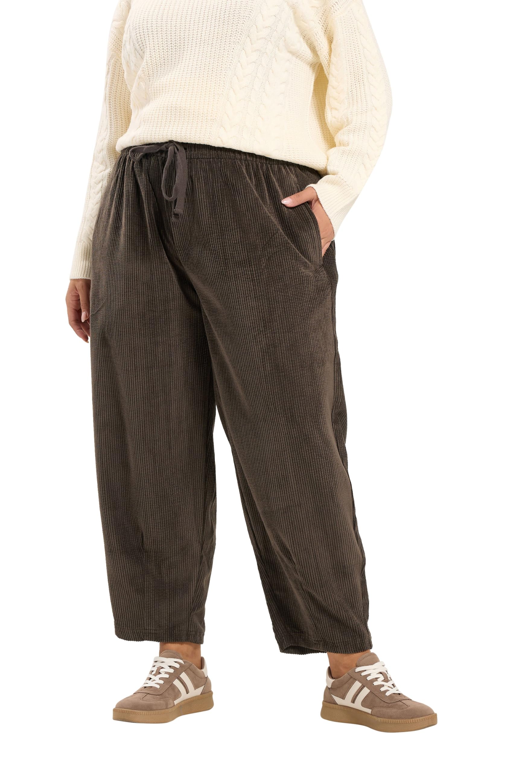 Yours Curve Grey Corduroy Barrel Leg Trousers - Women's - Plus Size Curve
