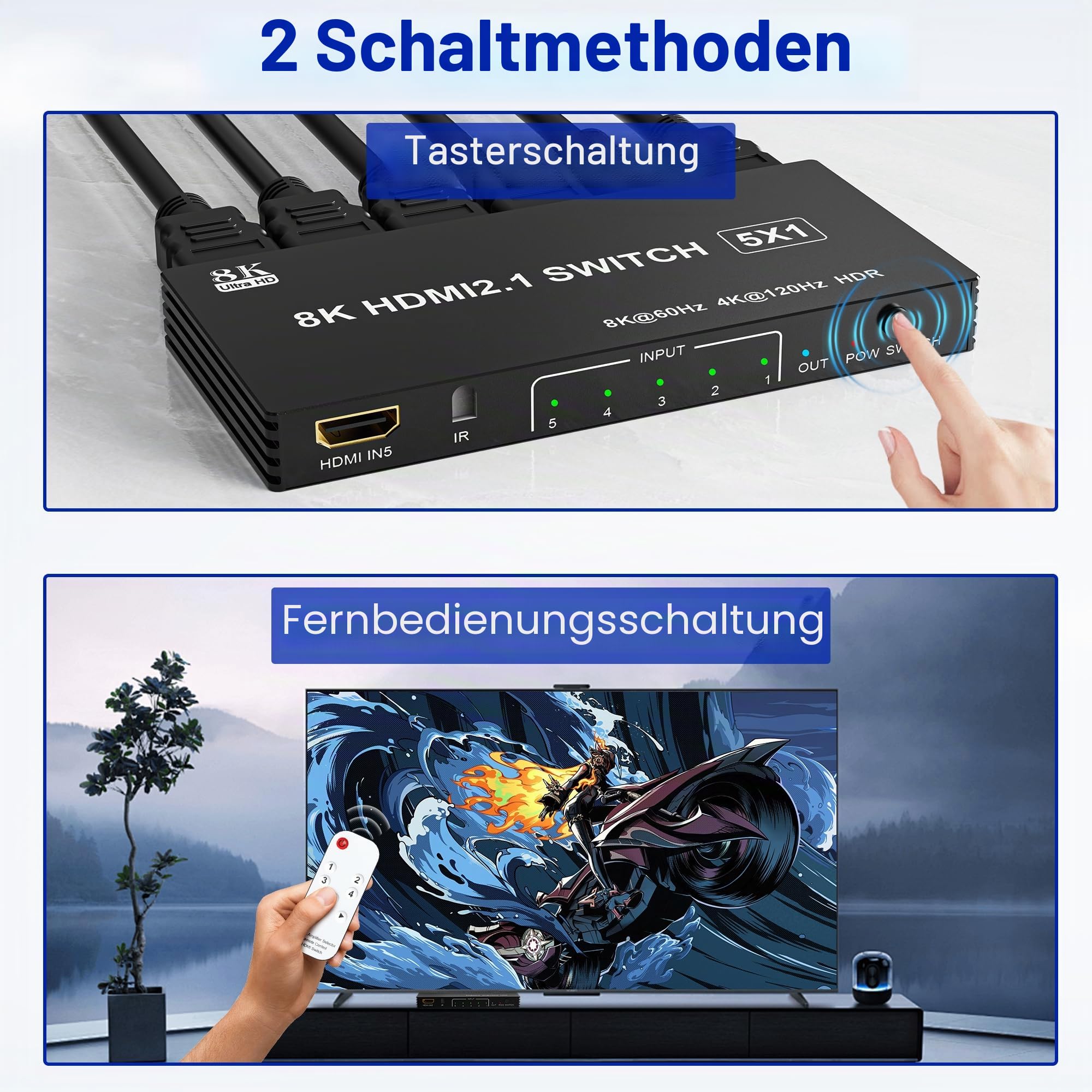 HDMI 2.1 Switch 4K 120Hz, 8K HDMI Umschalter 5 In 1 Out mit IR-Fernbedienung, Selector Switcher 5 Port Auto Selector Hub Unterstützung 8K 60Hz 48Gbps VRR HDCP2.3 HDR10 für Xbox Series X PS5