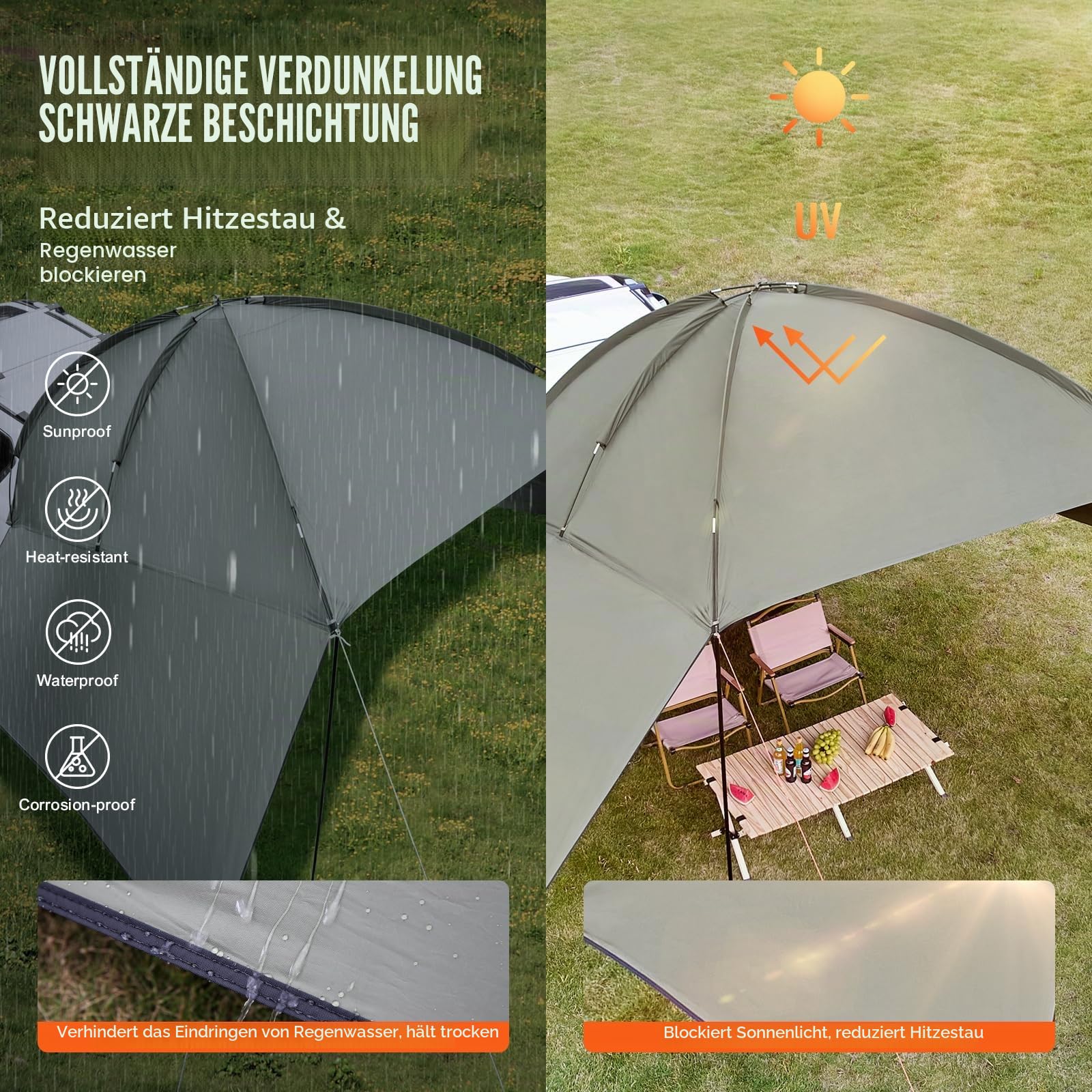 VEVOR Sonnensegel Wohnwagen 3x2,1m Sonnenvordach Wohnmobil UV50+ UV-Schutz Markise 190-T-Polyestergewebe Vorzelt PU2000mm Wasserdicht inkl. tragbarer Tasche Ideal für Camping Familientreffen Ausflüge