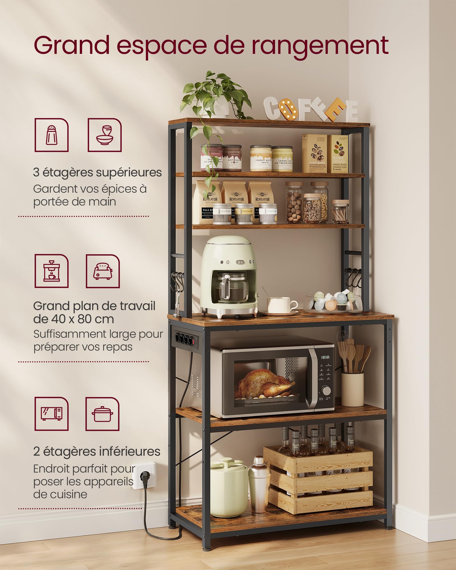VASAGLE Étagère de Cuisine avec Multiprise, Étagère pour Machine à Café, 6 Étagères, 6 Crochets, pour Four à Micro-Ondes, Cadre en Acier, 40 x 80 x 167 cm, Marron Rustique et Noir d'encre KKS119K06