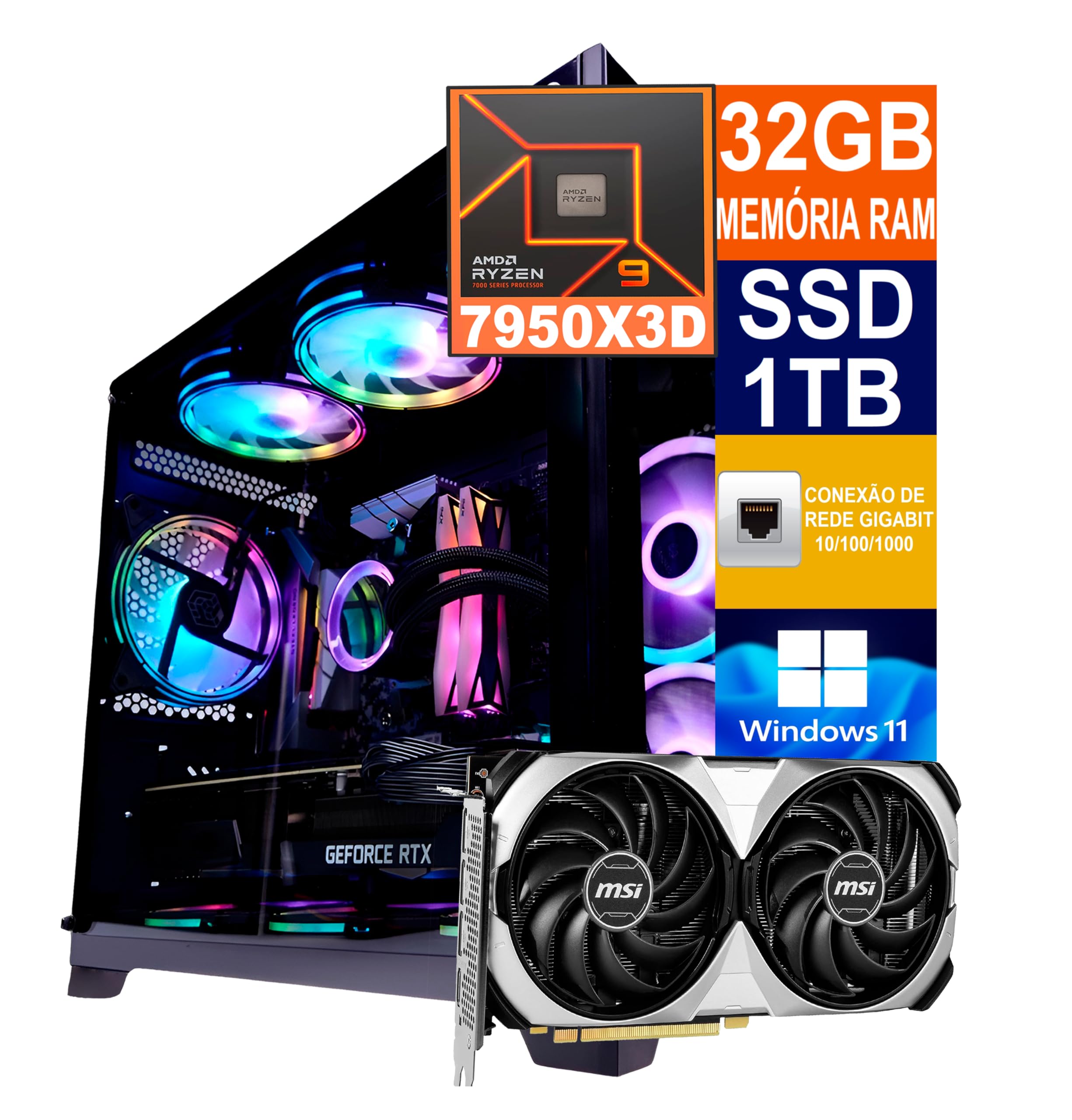 Pc Gamer Cpu Ryzen 9 7950x3d / SSD 1TB M.2 NVMe / 32GB Memória Ram