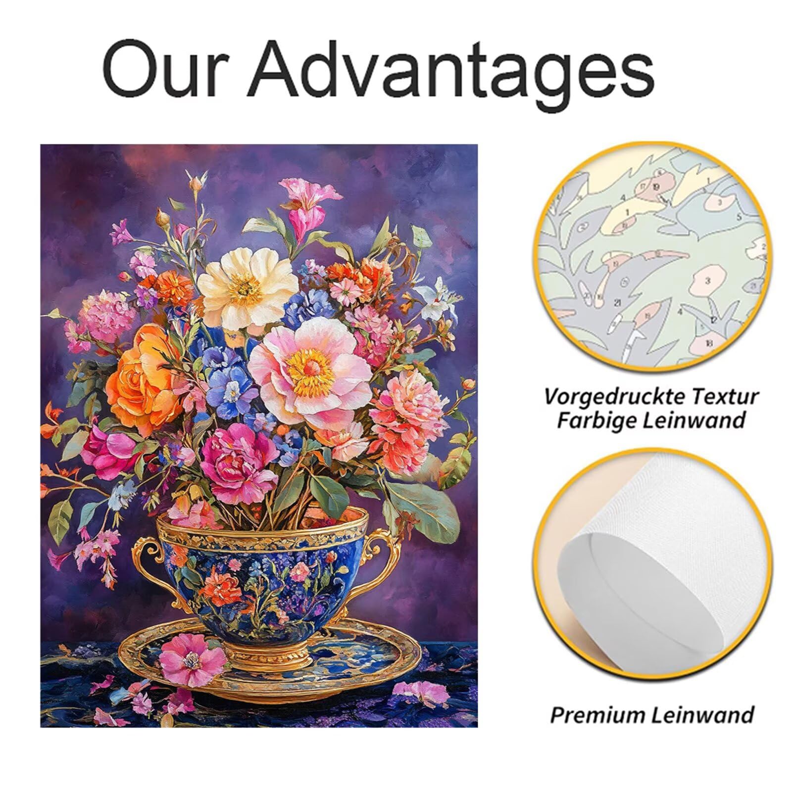 Dipingere con i Numeri Adulti Fiore Dipingere con i Numeri Tazza Paint by Numbers Hobby Creativi Adulti Fai Da Te Tela di Pittura a Olio Kit, Decorazioni Donna Regalo 60x80cm Senza Cornice Y3-681