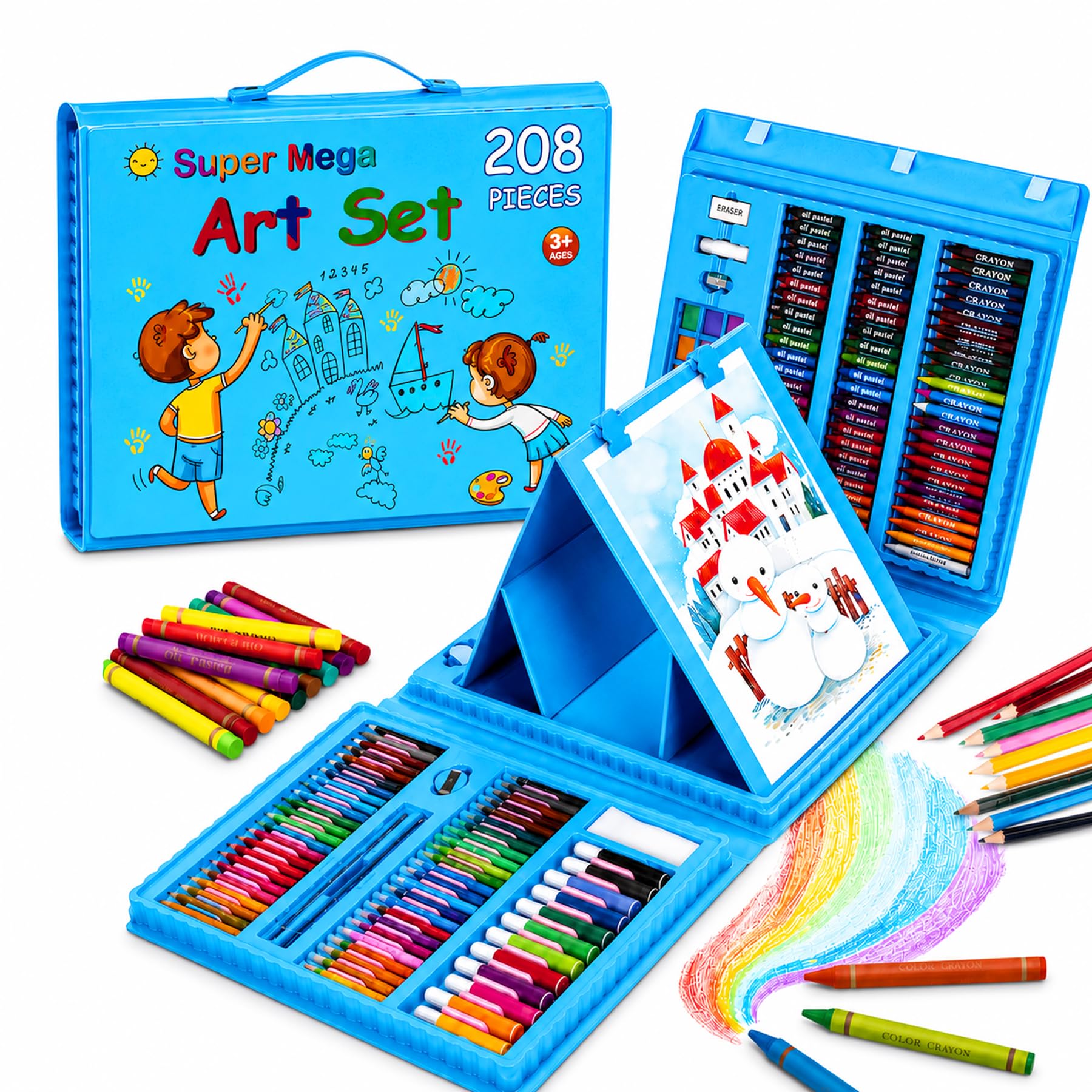WISHKEY 208 Pieces Art Set for Kids with Storage Case, All in One Art and Craft Supplies Kit for Drawing and Painting with Marker, Watercolor, Pens, Crayons, Color Pencils (Pack of 1, Blue)