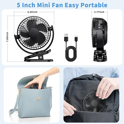 Miniatura 6 de ATEngeus Ventilador de escritorio recargable con clip USB, 3 velocidades, batería de 5000mAh, rotación de 720, abrazadera resistente para el hogar,