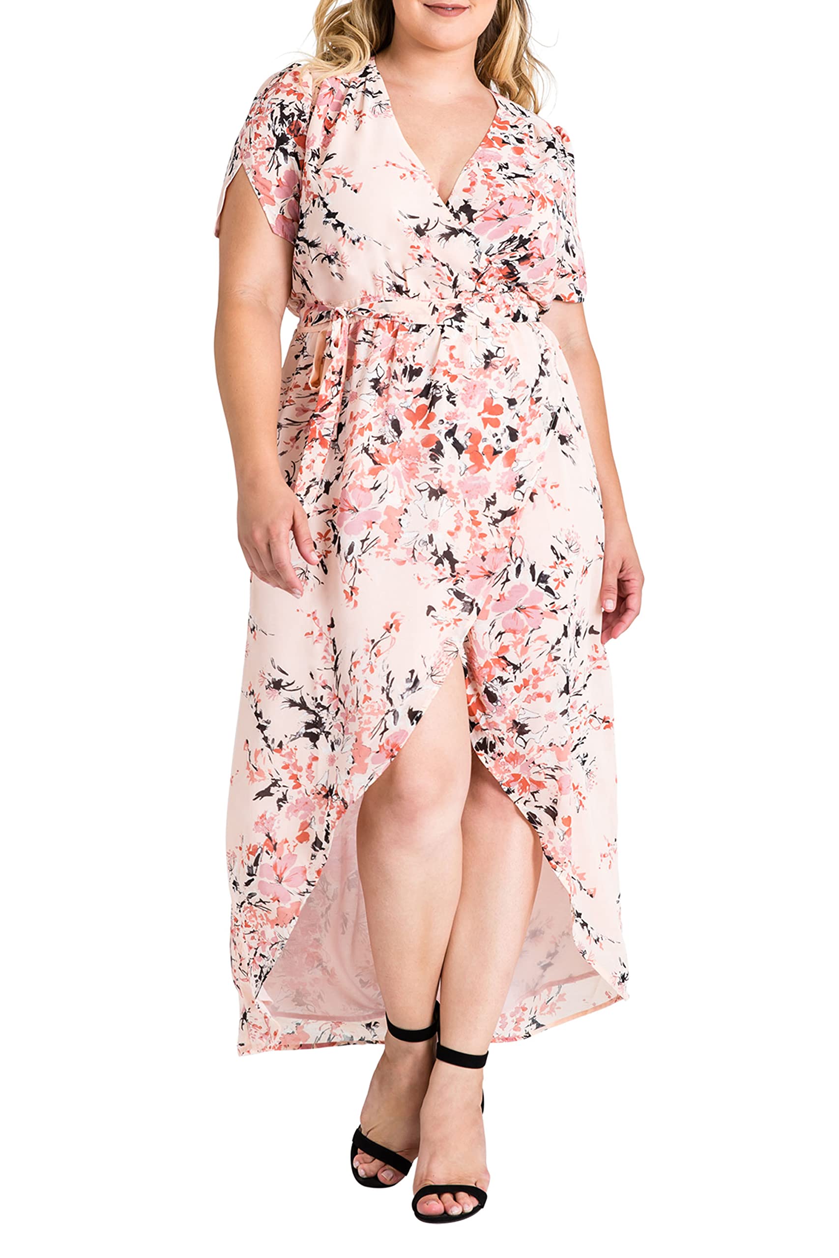 Standards & Practices Women's Plus Size Grey Mauve Short Sleeve V-Neck Wrap Dress Maxi Length