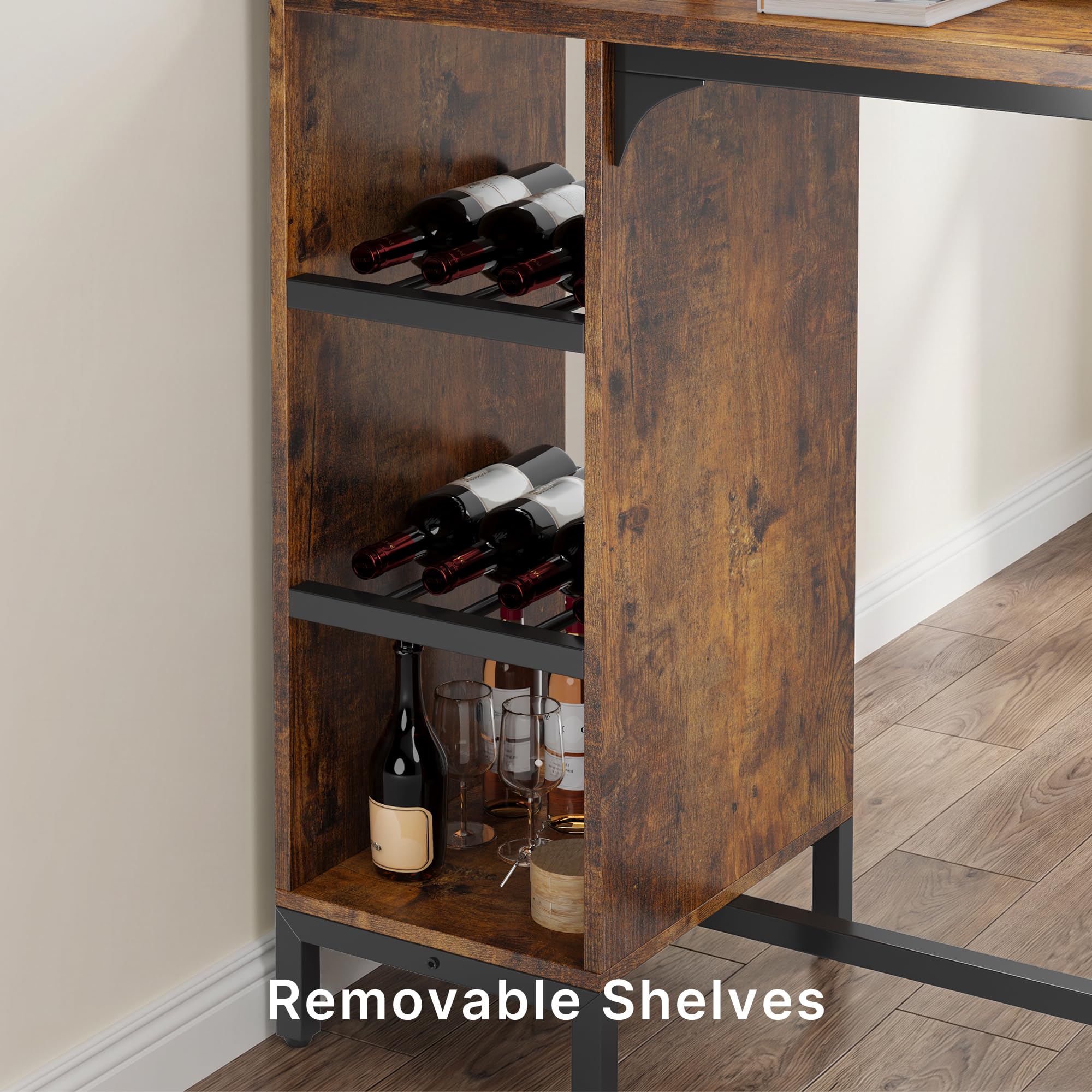Xbro Angolo Bar per Casa con 2 Sgabelli, Tavolo da Bar Industriale con Porta Calici e 6 Portabottiglie, Mobile Bar con Ripiani Laterali, Banco Bar Salvaspazio in MDF e Metallo, 120x40x120 cm