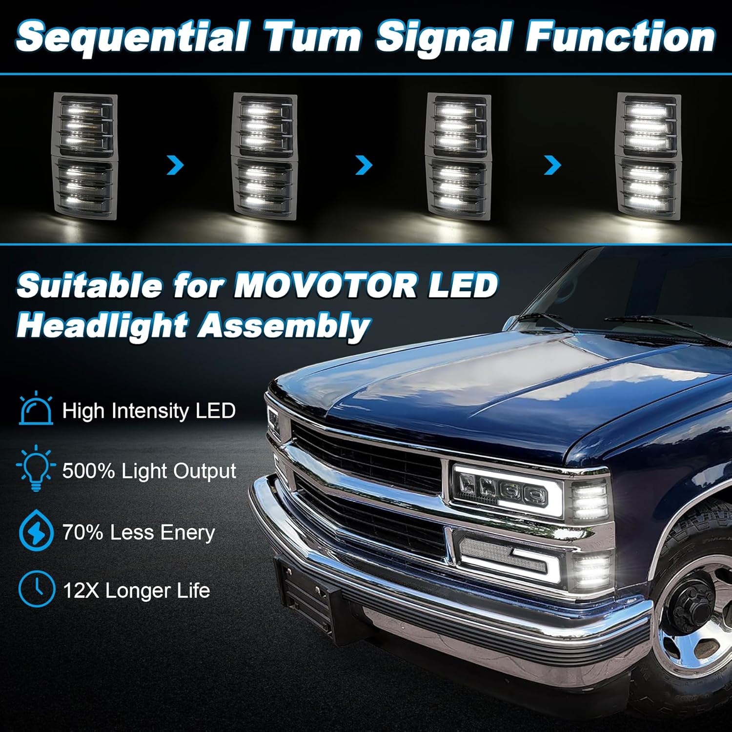 LED Side Marker Light Assembly with White Sequential Turn Signal LED Front Corner Lights Compatible with 1994-1998 Chevy C/K 1500 2500 3500 C10 Silverado Tahoe Suburban