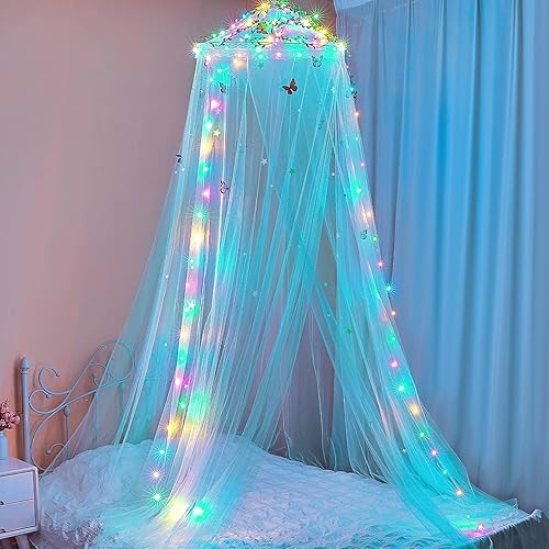 Miniatura 3 de FIOBEE Toldo de cama para habitación de niñas, cortinas con luces LED, mosquitera, decoración de habitación de princesa con estrellas y mariposas