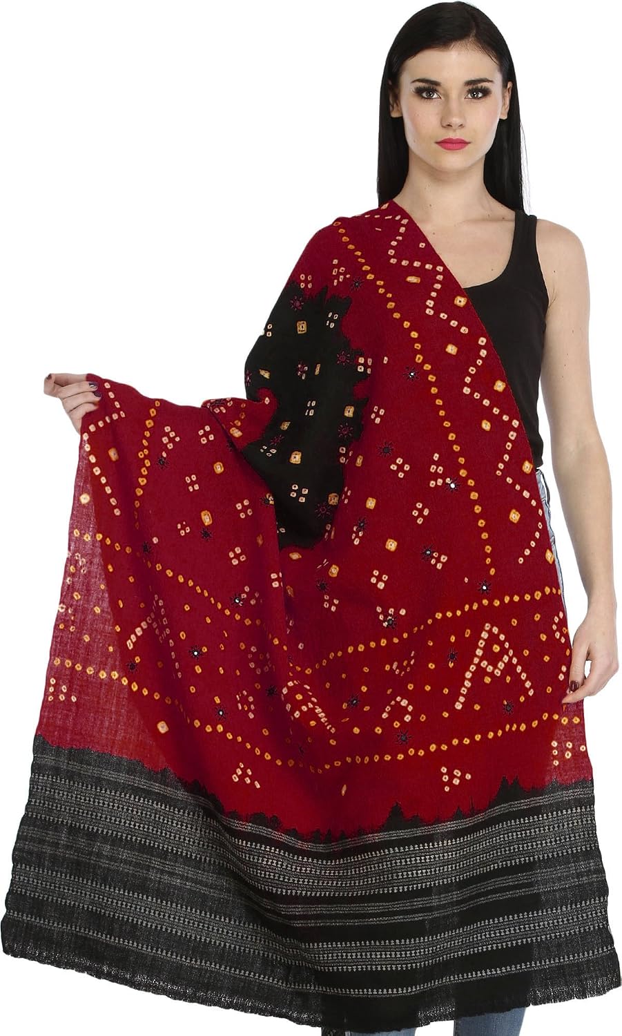 Exotic India Bandhani Tie-Dye Shawl from Kutch with Embroidered Mirrors - Pure Wool