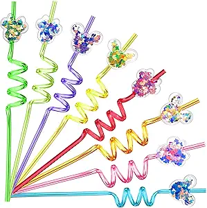 Glitter Sequin Mouse Theme Birthday Party Favors Nicky Mouse Straws, Mouse Shape Reusable Plastic Drinking Straws 8 Designs for Kids Birthday Party 24Pcs with 2 Cleaning Brush