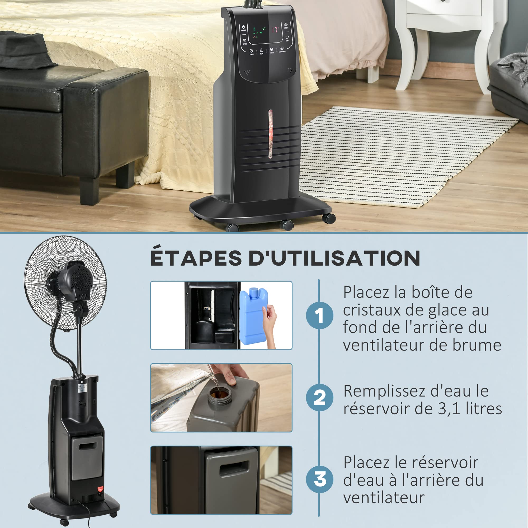 HOMCOM Ventilateur brumisateur silencieux 90 W sur roulettes 135 cm noir | 3 Modes 3 Vitesses, Télécommande, Minuterie 12H, Oscillation à 70°, Écran LCD