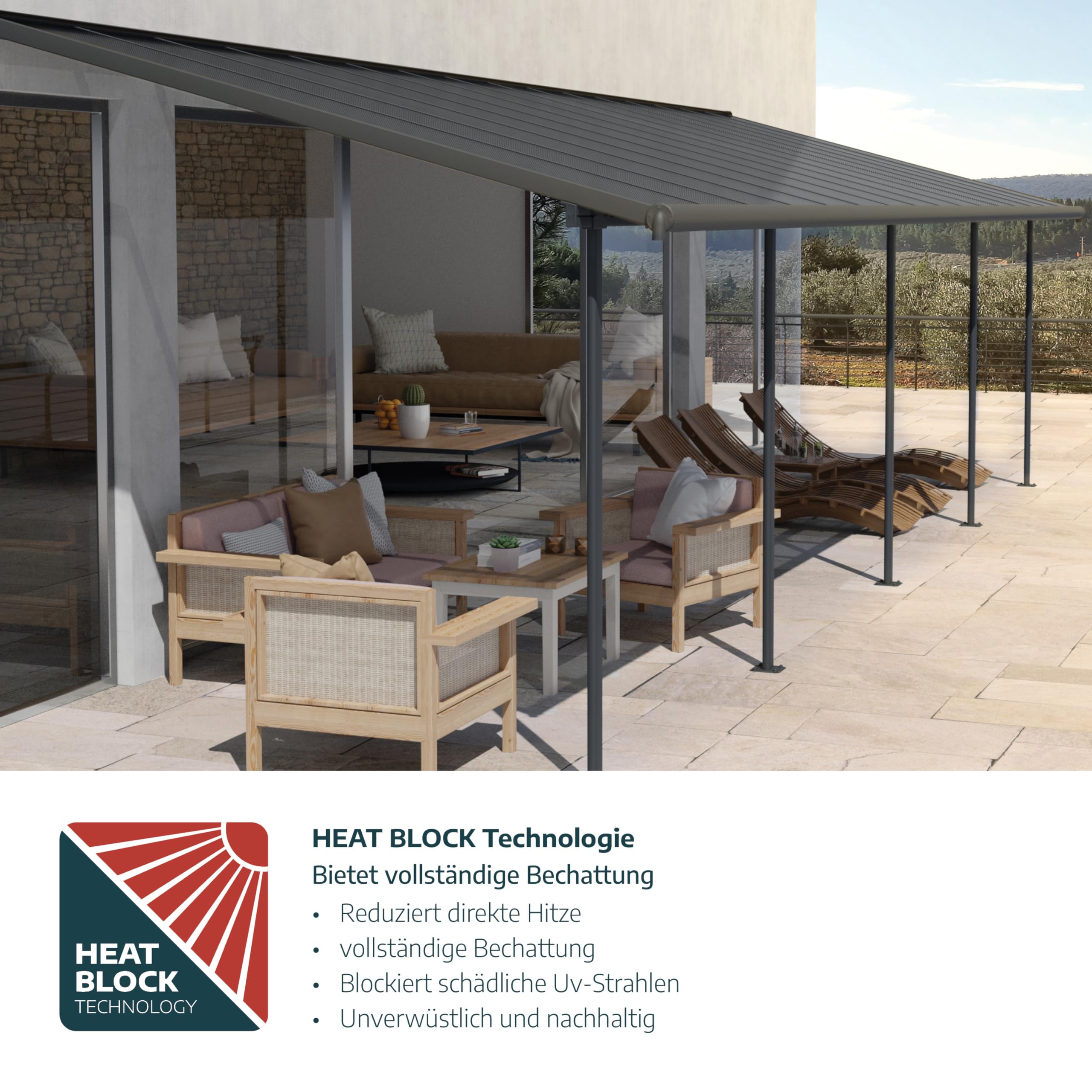 Palram Canopia Capri Terrassenüberdachung, Terrassendach, Balkondach, grau, 299X434 cm, 12.5m²