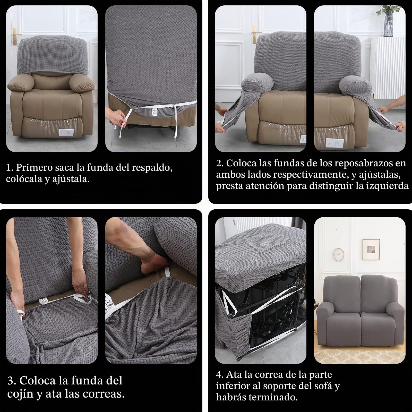 Jaotto Funda de Sillón Relax Elásticas, Fundas de Butacas Relax Reclinable Universal Ajustables, Cubiertas Protector para Sillón Relax con Bolsillos (Estilo Gris,1 Plaza)