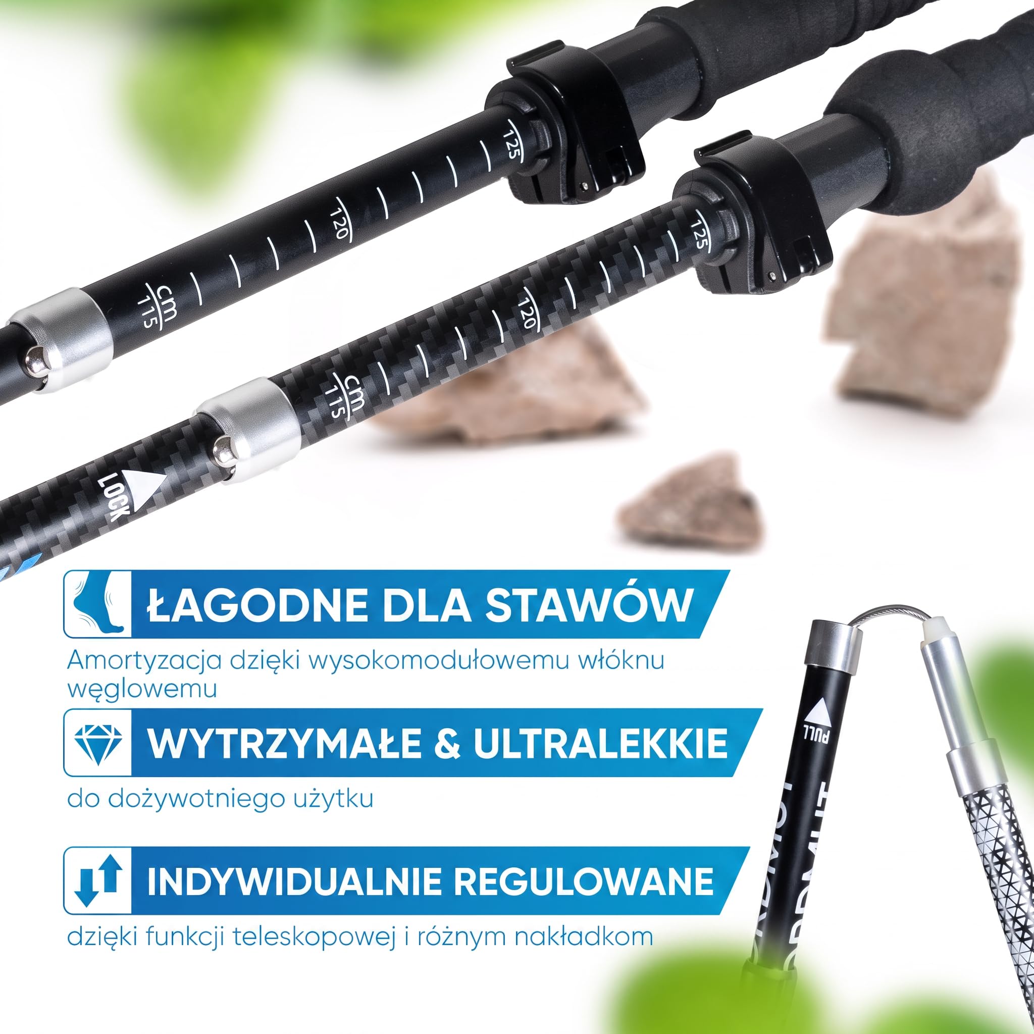 NORDMUT Kijki trekkingowe składane, ultralekkie kijki do nordic walkingu, dla kobiet i mężczyzn, wysokiej jakości kijki trekkingowe z włókna węglowego [z zestawem gumowych zderzaków]