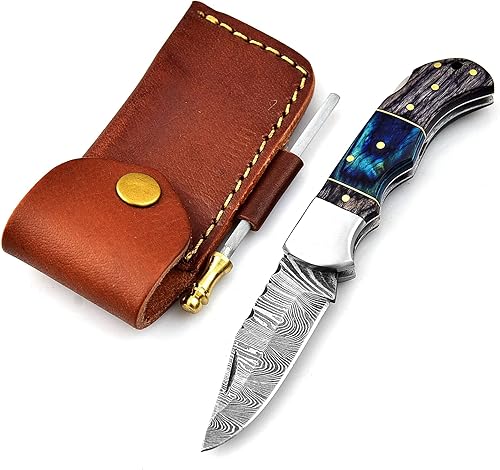MTK Suppliers Cuchillo de bolsillo de acero de Damasco hecho a mano, cuchillos plegables personalizados, mango de madera con funda de cuero, regalo