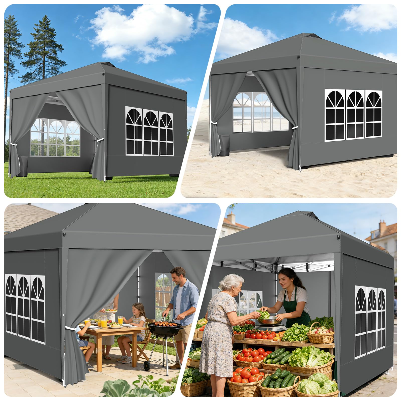 Tonnelle 3x3m Imperméable, Toile PU1500mm & Structure Acier - Tonnelle Pliante Hivernable avec Paroi Latérale & Réglage Hauteur One-Push - (INCL. 4X Sac de Sable & Accessoires,Gris argenté)