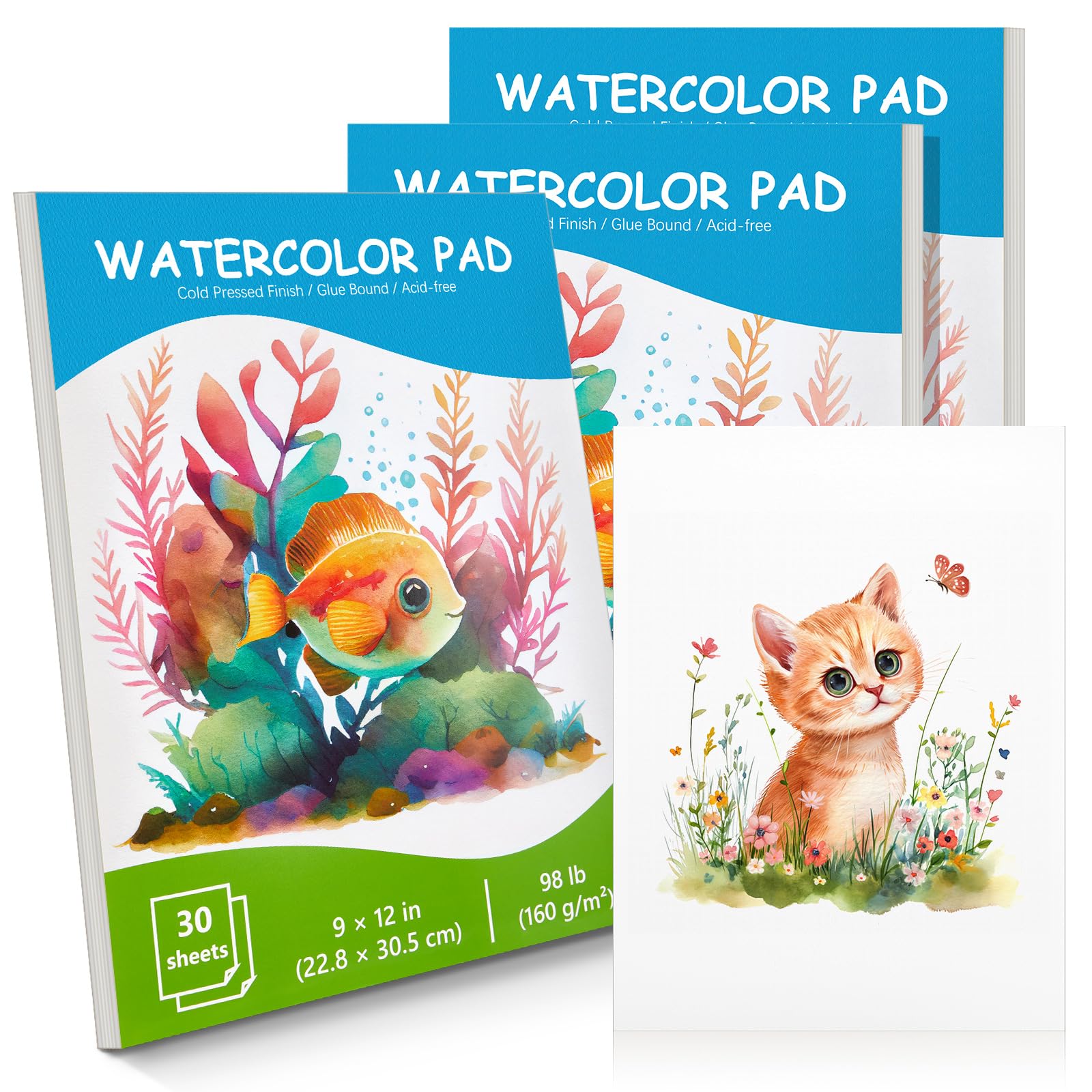 Kosiz 3 Pack Watercolor Paper Pads 90 Sheets 9 x 12'' Watercolor Paper Sketchbook Acid Free 98lb/ 160gsm Art Paper for Painting Drawing Beginners Artists Youth Supplies