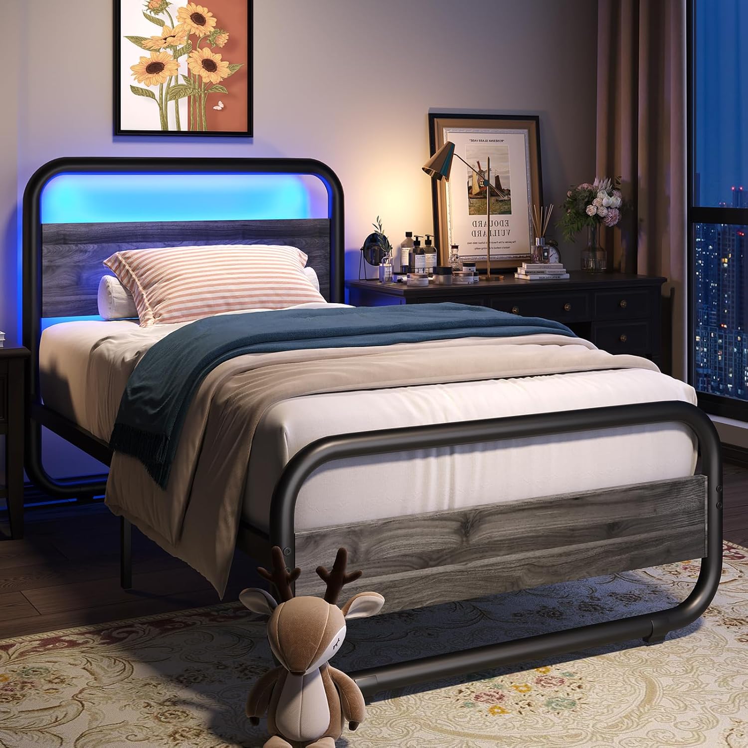 Catrimown Twin Bed Frame with LED Lights, Heavy Duty Metal Rustic Twin Platform Bed Frame with Wood Headboard, Under Bed Storage, Noise Free, No Box Spring Needed, Wash Gray