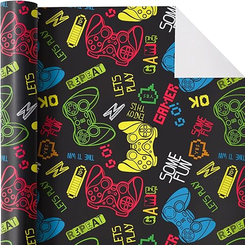 Vista 226 de WRAPAHOLIC Papel de regalo reversible, mini rollo, 17 pulgadas x 33 pies, adorable diseño de gato y azul sólido para cumpleaños, vacaciones