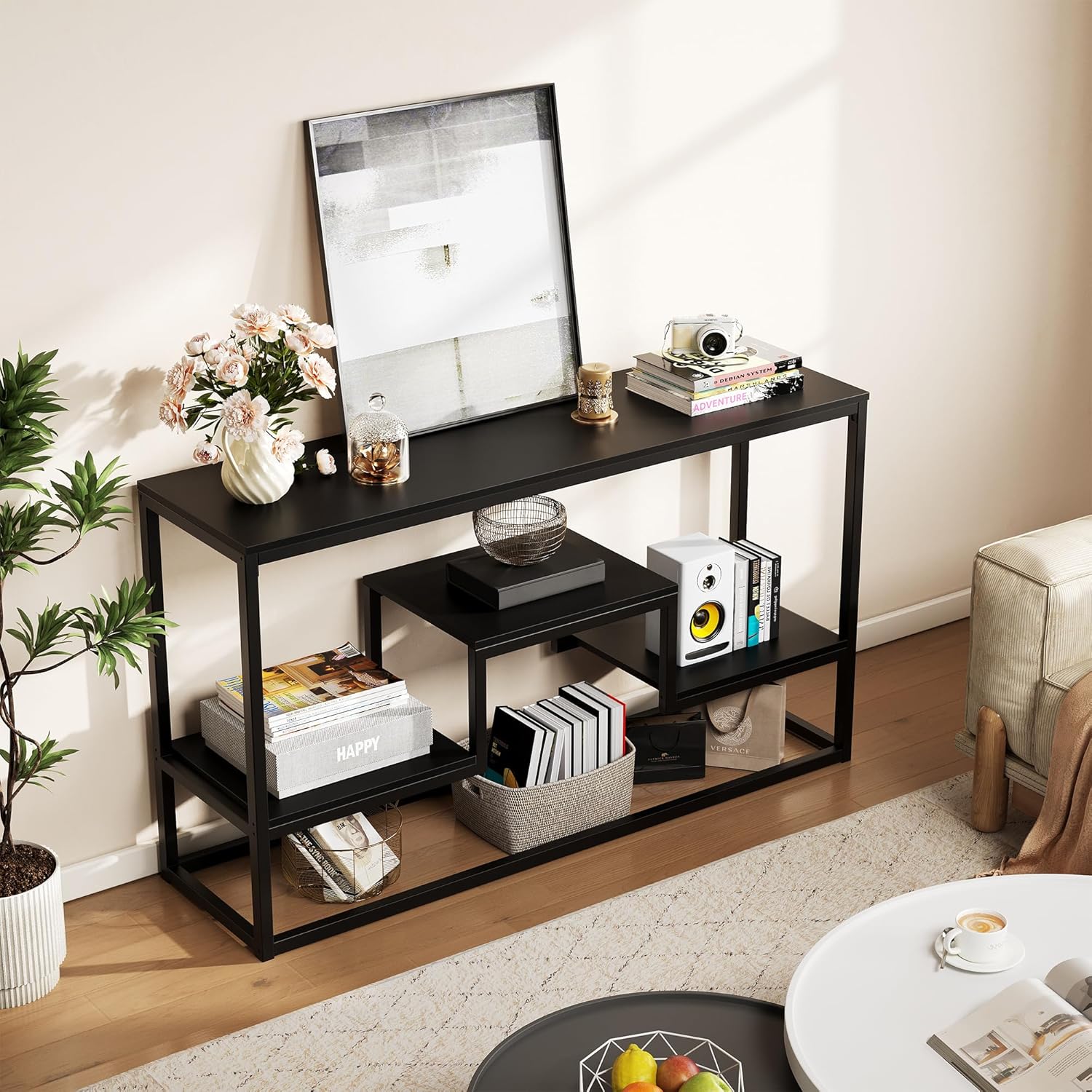 YOUDENOVA TV Stand for TVs up to 65 Inch, TV Console Table with 3-Tier Open Storage Shelves, Modern Industrial Entertainment Center for Living Room, Bedroom, Black