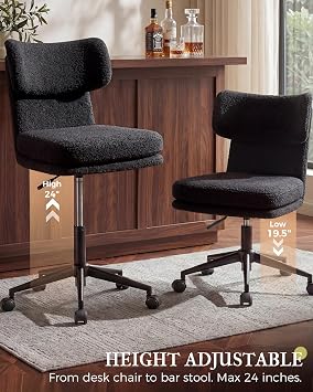 COMHOMA Vanity Chair with Ergonomic Curved Backrest, Home Office Desk Chair with Silent Wheel, Wide Seating Computer Chair for Girls Women Bedroom, Soft Teddy Fabric, Black
