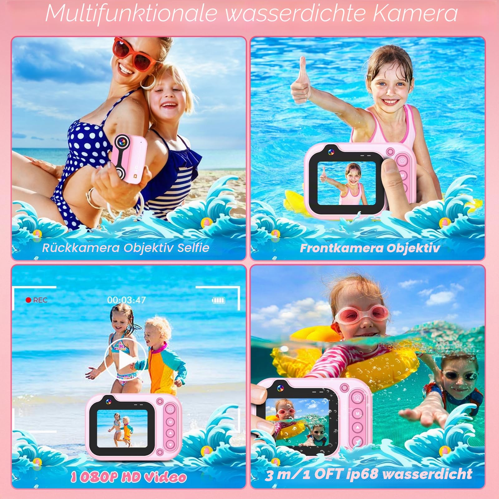 Unterwasserkamera, Digitalkamera Wasserdicht 10ft 1080P Full HD 26MP 10X Digitalzoom wasserdichte Kamera Schnorcheln für Unterwasser-Selfie, Schwimmen, Strand, Wasserpark - Rosa