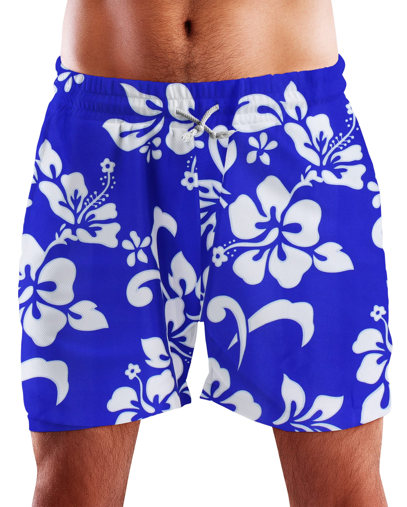 King Kameha Men's Shorts Hibiscus Indigoblue Funky Hawaiian Board-Shorts Trunks Swim-Pants, Hibiscus, Indigoblue, S