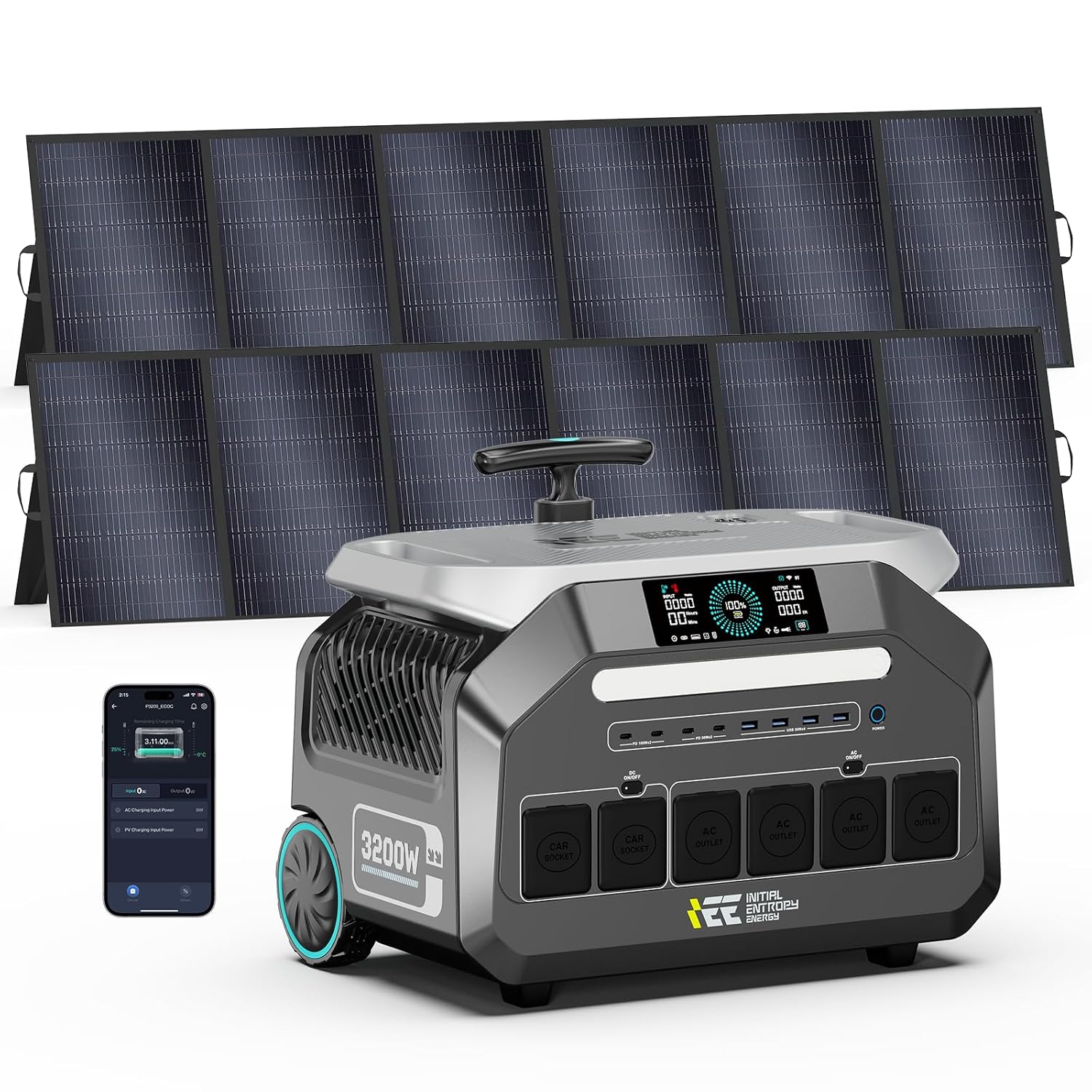 IEE P3200 Portable Power Station 3200W with 2x500W Solar Panel 2048Wh Solar Generator 1800W AC Charging AC Outlets