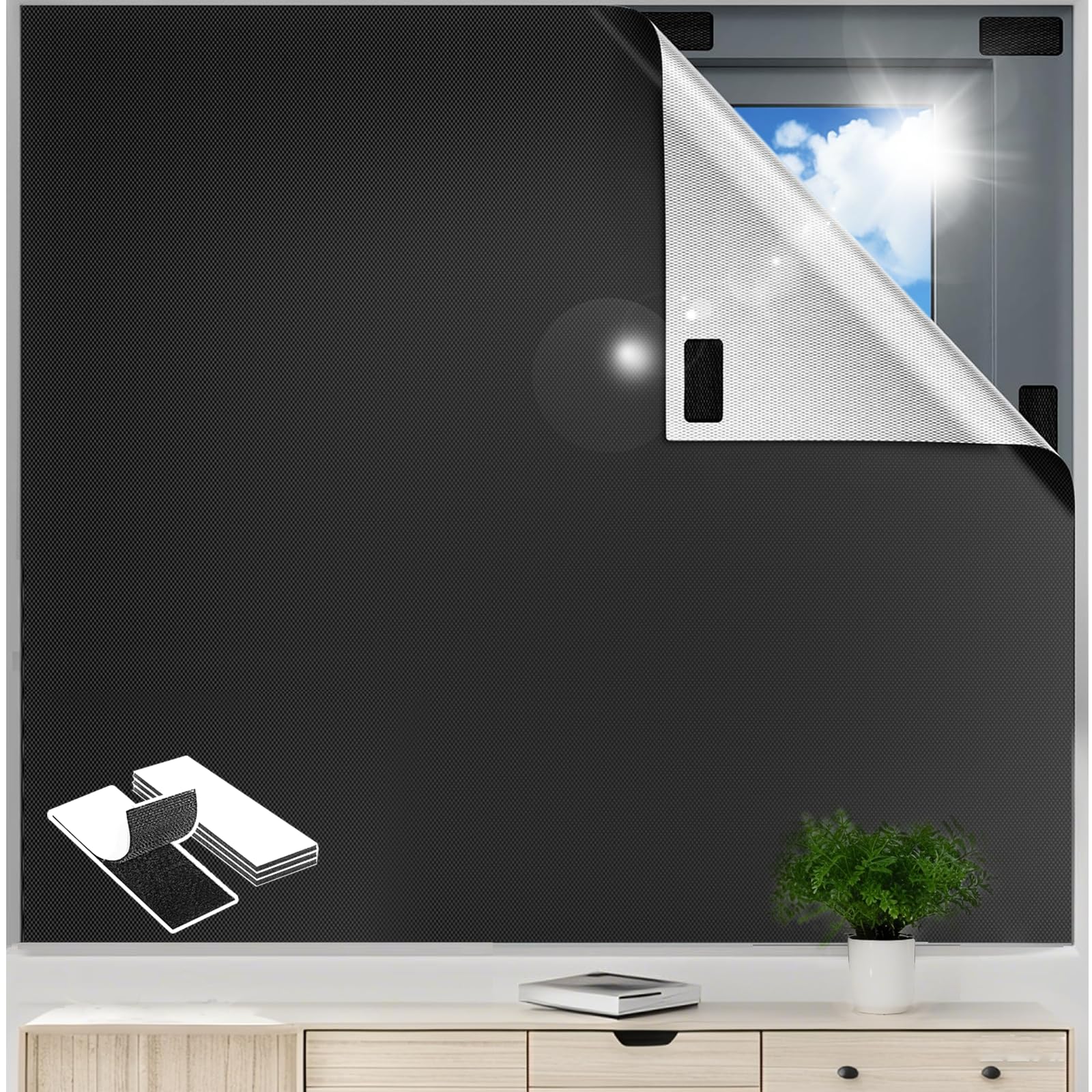 Amicably 145W × 400H Cm Blackout Blinds Stick On 400 X 145Cm, 420D Oxford Fabric 100% Blackout Curtain For Window, Portable Blackout Shades Film For Bedroom, Nursery, Baby Travel Temporary, Cut To Any Size