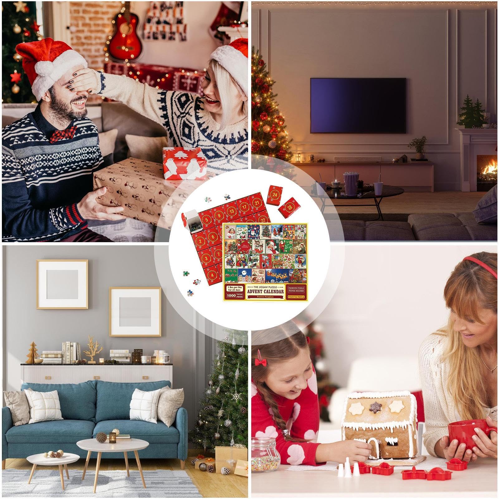 Adventskalender Puzzle 1000 Teile – 24 Tage Weihnachts-Countdown, Familienspiel, 70x50 Cm