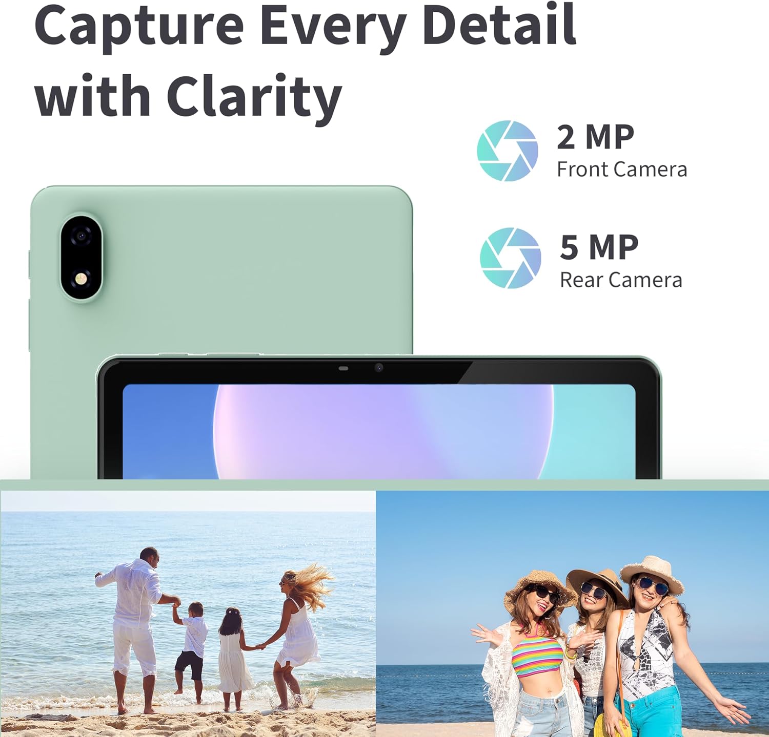 Image showing the tablet's rear camera and front camera specifications (2MP Front, 5MP Rear), alongside example photos of people enjoying outdoor activities, demonstrating camera use.