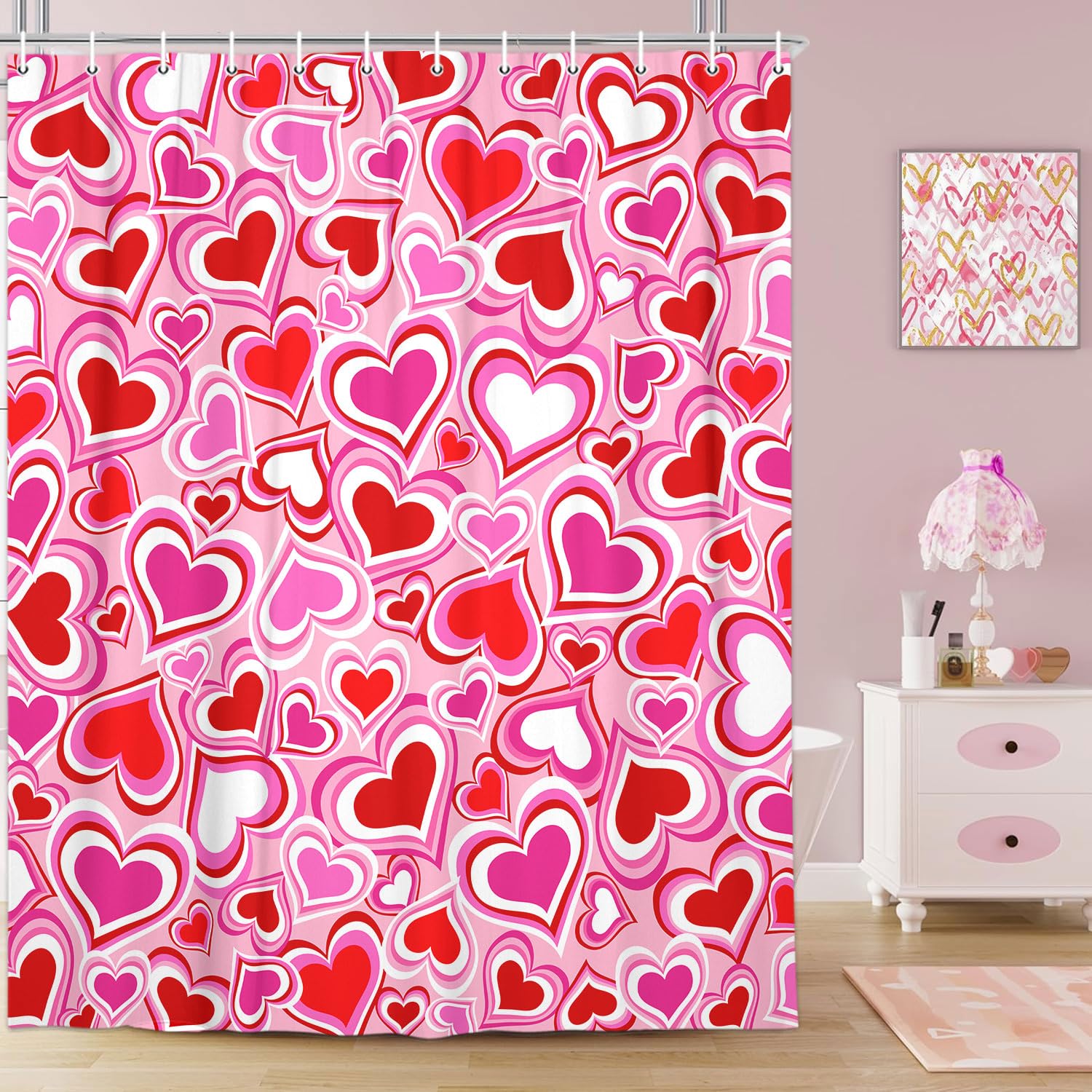 Duschvorhang Mit Herz-Muster – Wasserdicht, 183x183 Cm, Rosa, Inkl. 12 Haken