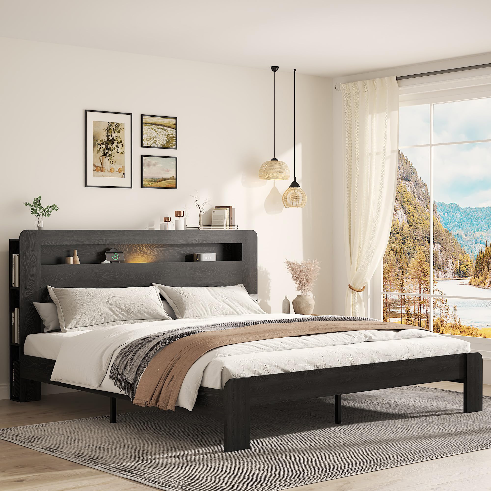 Wooden Bed Frame King Size with Storage Headboard - Farmhouse Platform Bed Frame with Bookcase Shelf & Led Lights, Sturdy Wood Slat Framework Bed Frame (Black LED) Black King