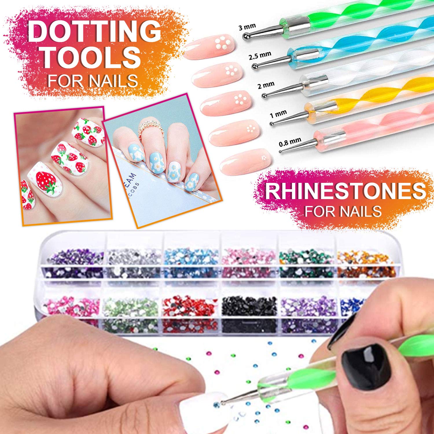 Kit de pinceles y decoraciones de uñas - Arte de uñas 3D, herramientas de puntos, purpurina, calcomanías, diamantes de imitación, papel de aluminio, cintas de rayas 4