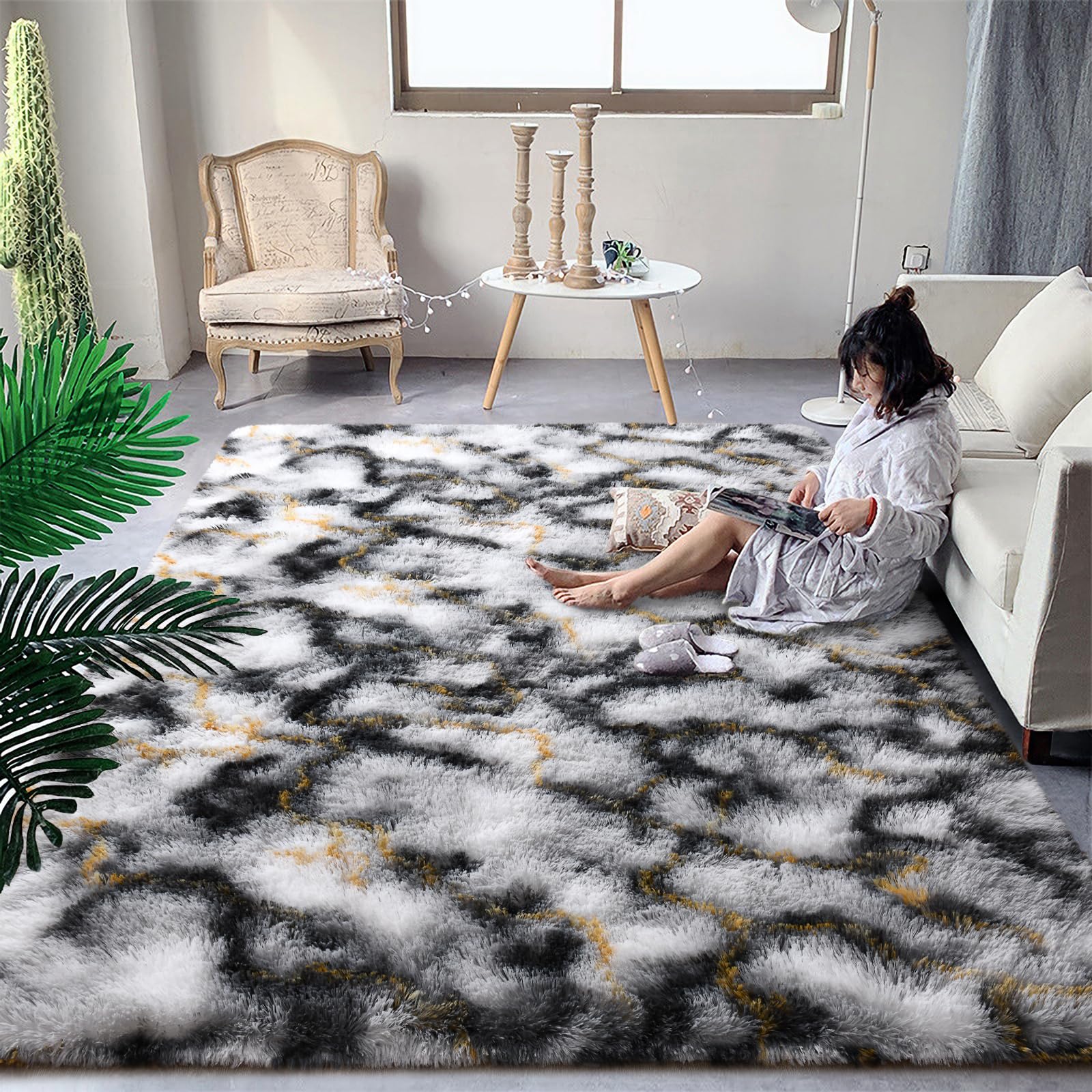DweIke Fluffy Black White Gold Rugs for Bedroom Living Room, 5x8 Large Soft Plush Shaggy Tie-Dyed Girls Boys Kids Rug, Upgraded Non-Slip and Machine