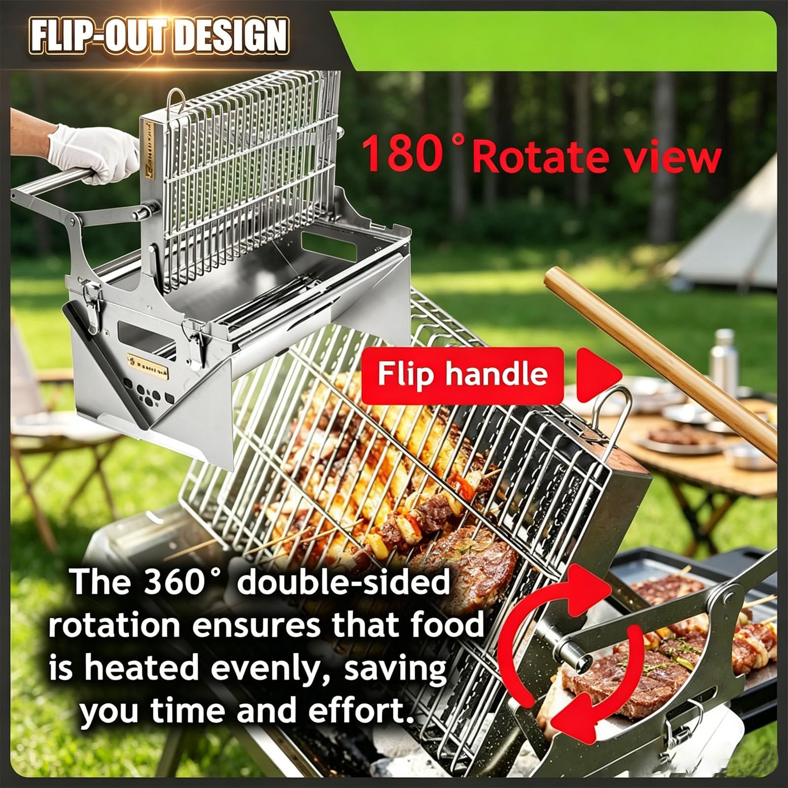 Obrotowy grill o 360°, siatka do gotowania ze stali nierdzewnej na kemping, pikniki i imprezy na plaży, zdejmowane narzędzie do gotowania na węgiel drzewny