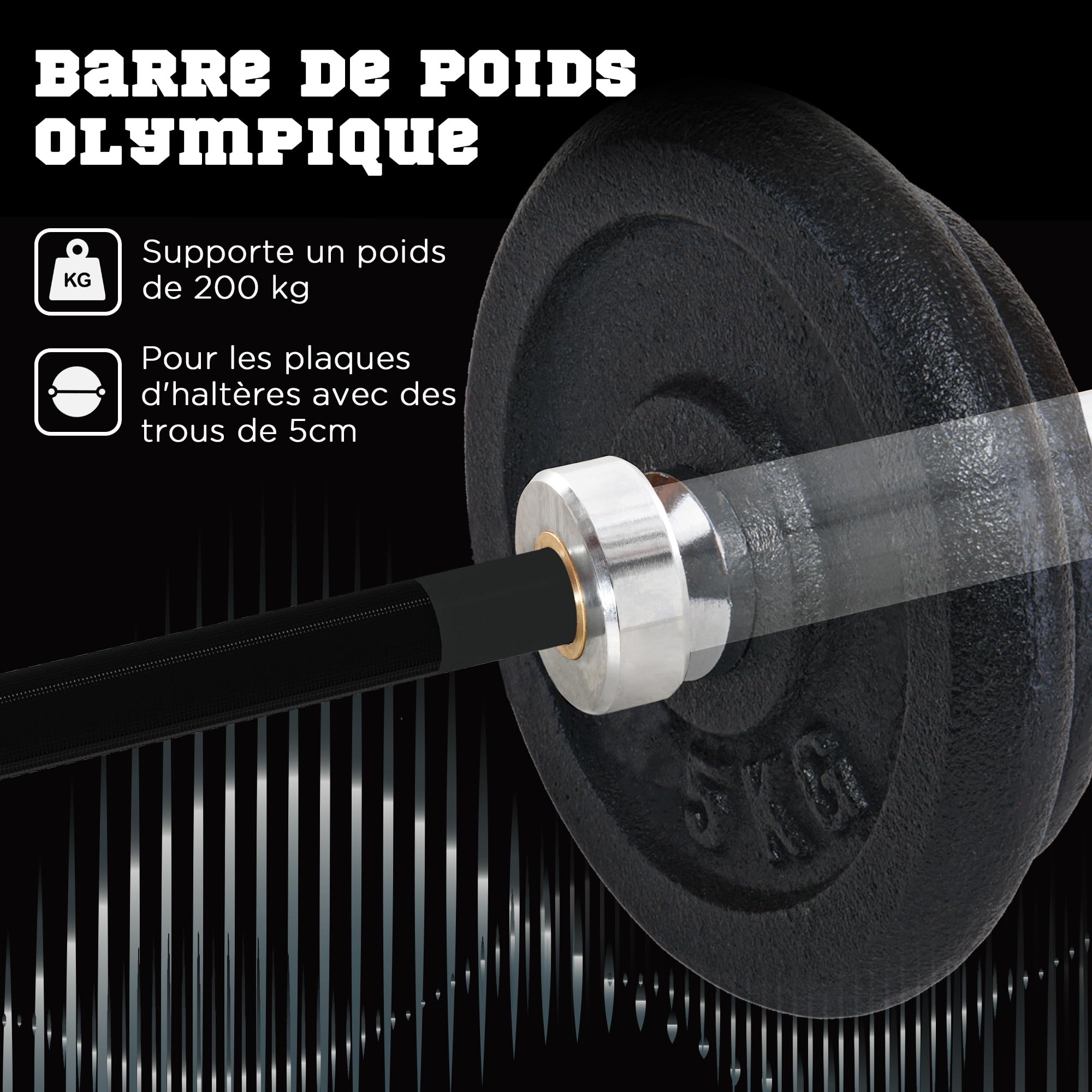 SPORTNOW Barre d'haltères 15 kg en acier 180 cm Ø50 mm avec 2 pinces Charge 200 kg Barre de musculation pour disques Ø5 cm Fitness Training