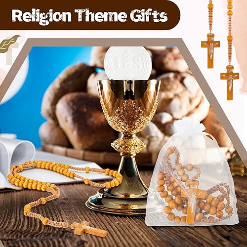 Miniatura 9 de 24 piezas de rosario de madera, rosario católico, cuentas talladas en madera con cruz de Jesús, rosario de primera comunión, a granel con bolsas de