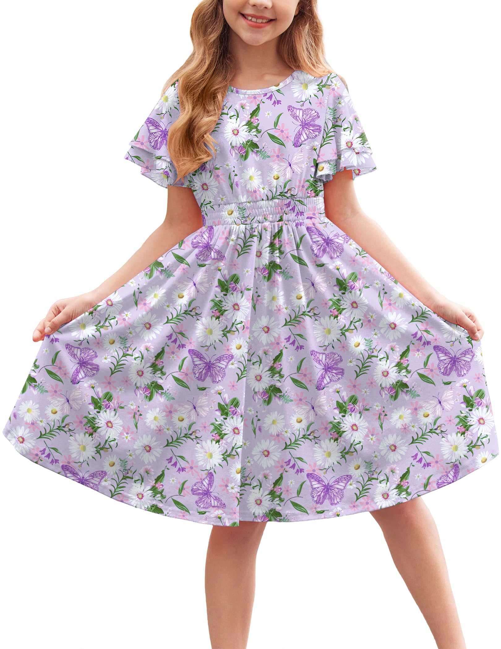 Arshiner Girl's Casual Dress Summer Scoop Neck Short Sleeve Flowy Print and Plain Sundress for Kids 4-14Y