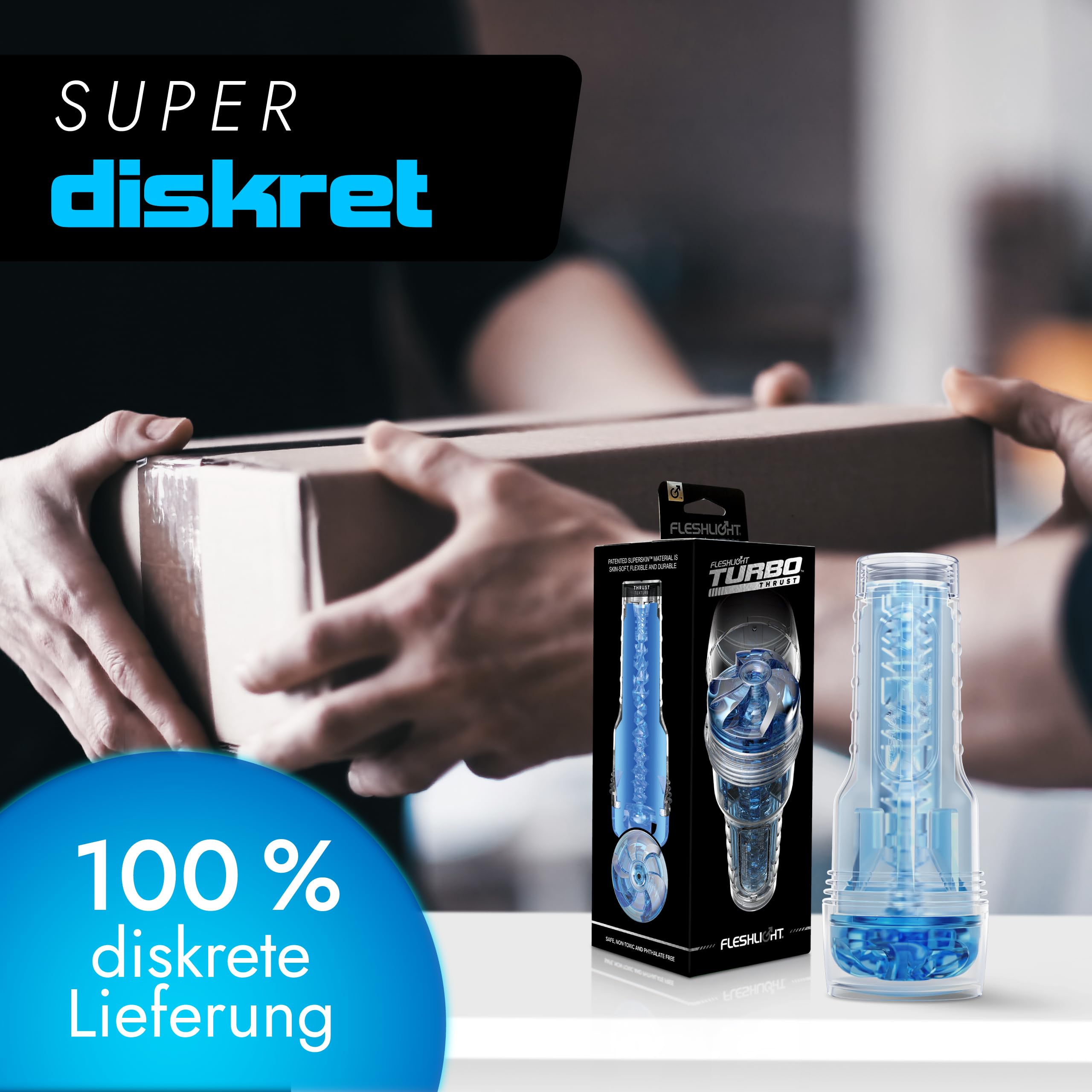 Fleshlight Turbo Thrust Blue Ice - masturbatore SuperSkin discreto, sex toy estremamente realistico