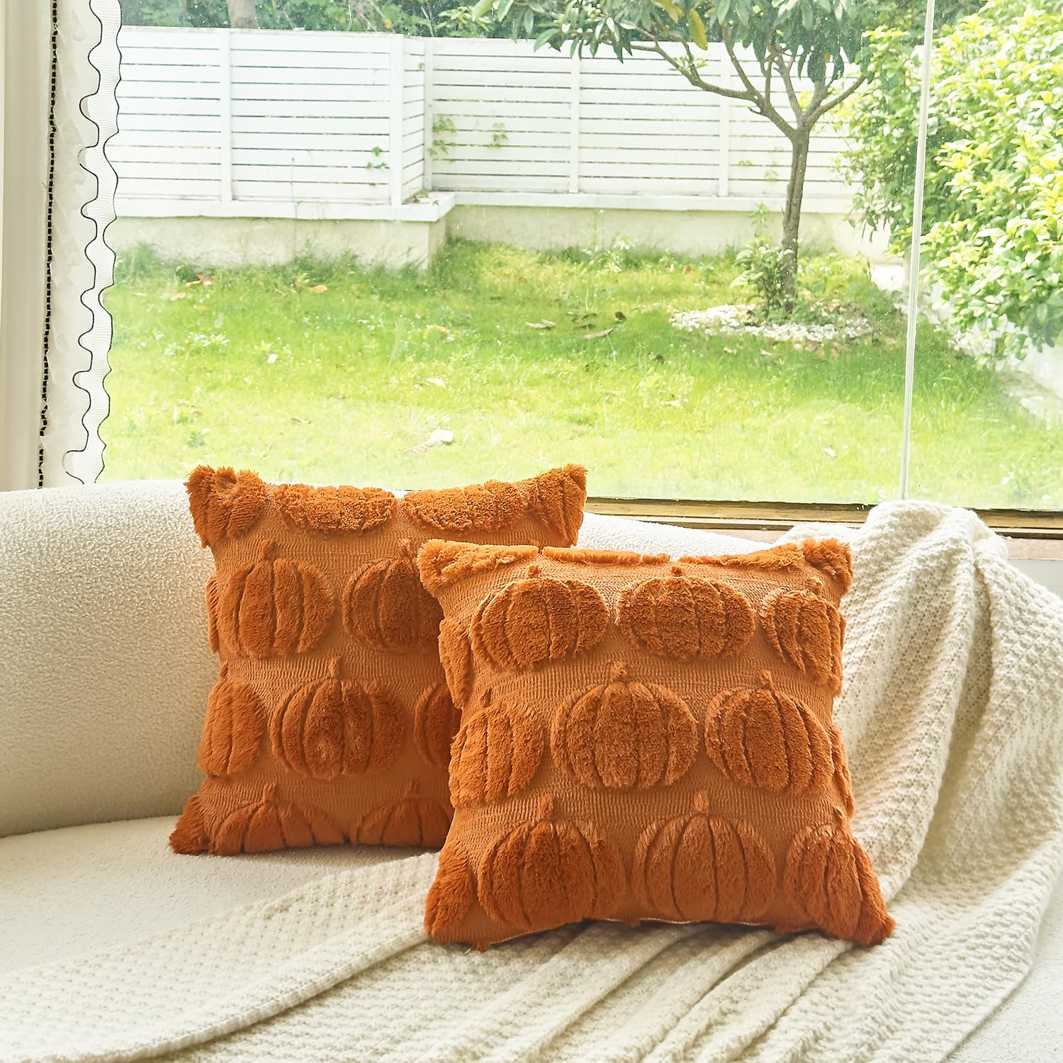 FELENIW Pack of 2 Best Gift Happy Fall Y'all Pumpkin Fluffy Soft Decorative Throw Pillow Covers Cushion Case for Bed Couch Sofa Farmhouse Square 18''X18'inches (Pumpkin)