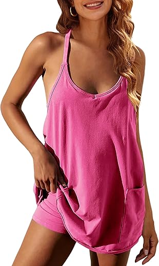 Faleave Women's Summer Sleeveless Mini Dress Athletic Spaghetti Strap Built-in Shorts Tennis Sundress with Pockets